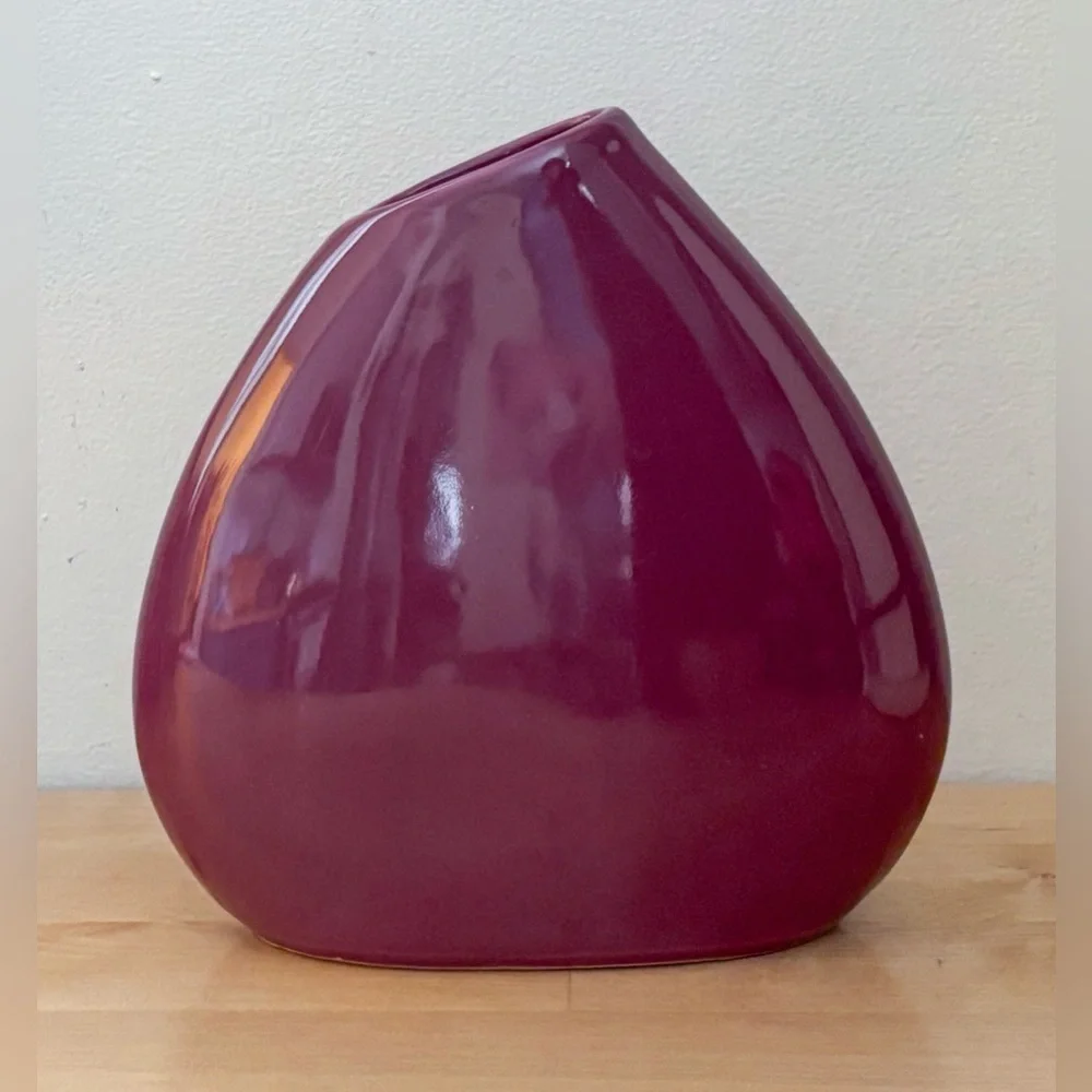 Vintage Asymmetrical Rim Maroon Vase Pottery Art Deco Romance Farmhouse MCM